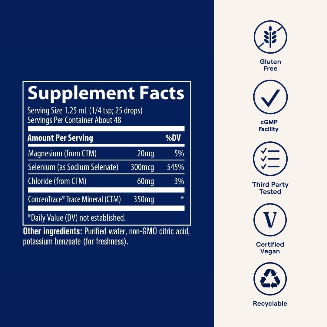 Trace Minerals Liquid Ionic Selenium bottle shows 1/4 tsp daily serving.