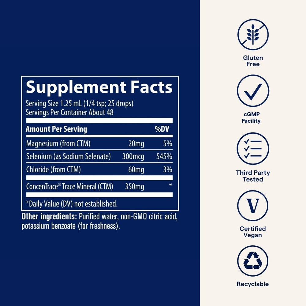 Trace Minerals Liquid Ionic Selenium bottle shows 1/4 tsp daily serving.
