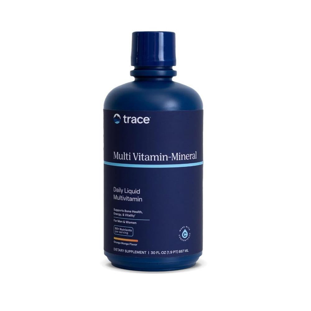 Trace Minerals Liquid Multi bottle showing vibrant orange mango flavor for daily wellness support