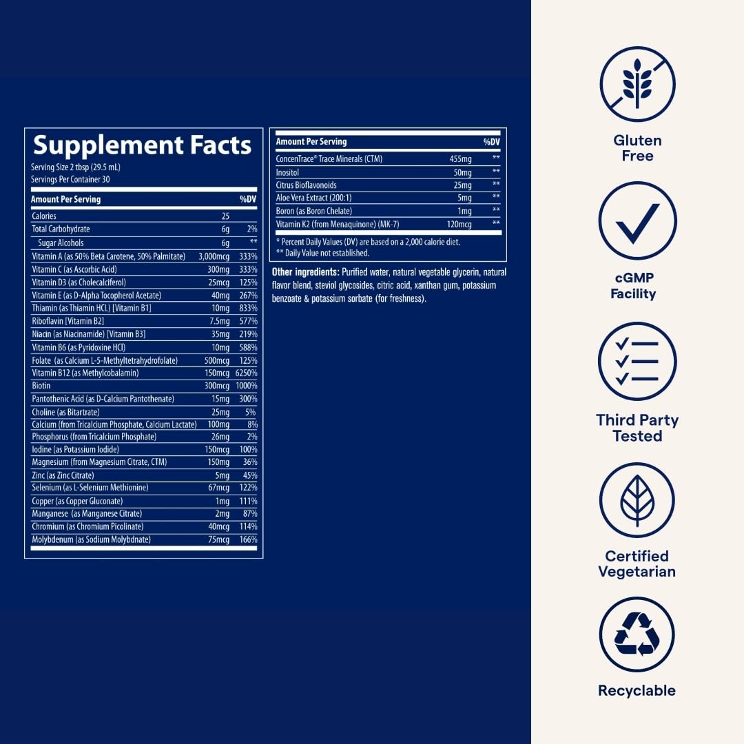 Trace Minerals Liquid Multi orange-mango flavor label highlighting tasty daily mineral support