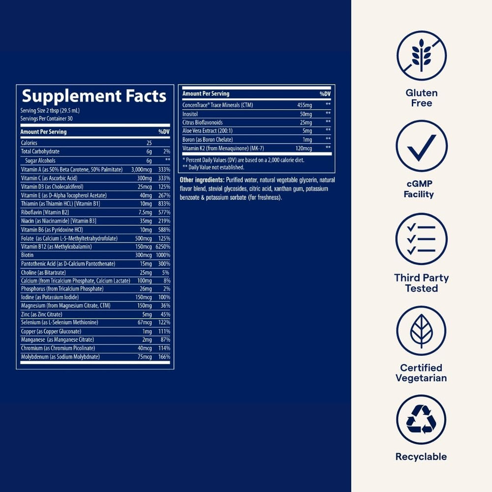 Trace Minerals Liquid Multi orange-mango flavor label highlighting tasty daily mineral support
