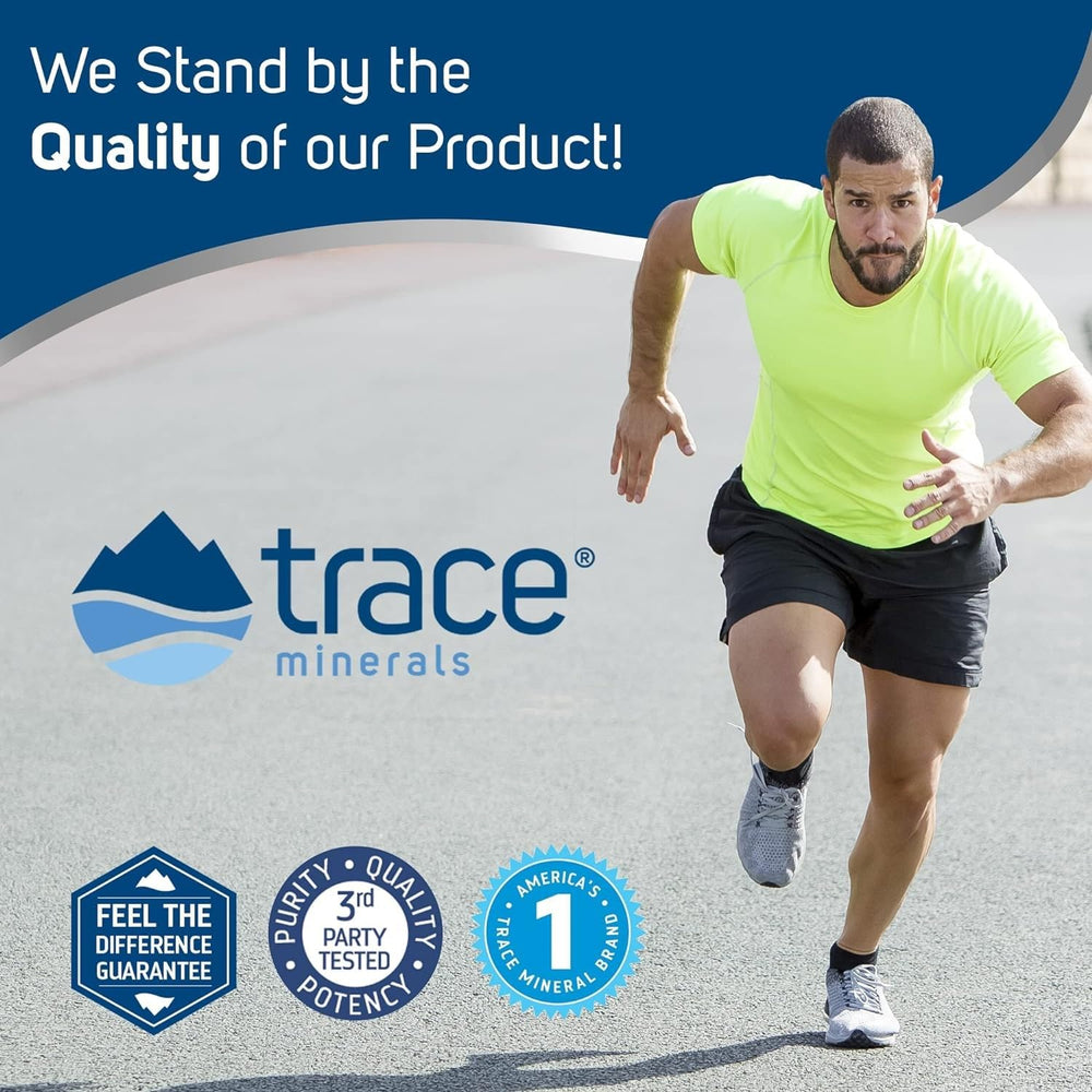 Serving 32 servings highlighted on Trace Minerals bottle with orange mango flavor.