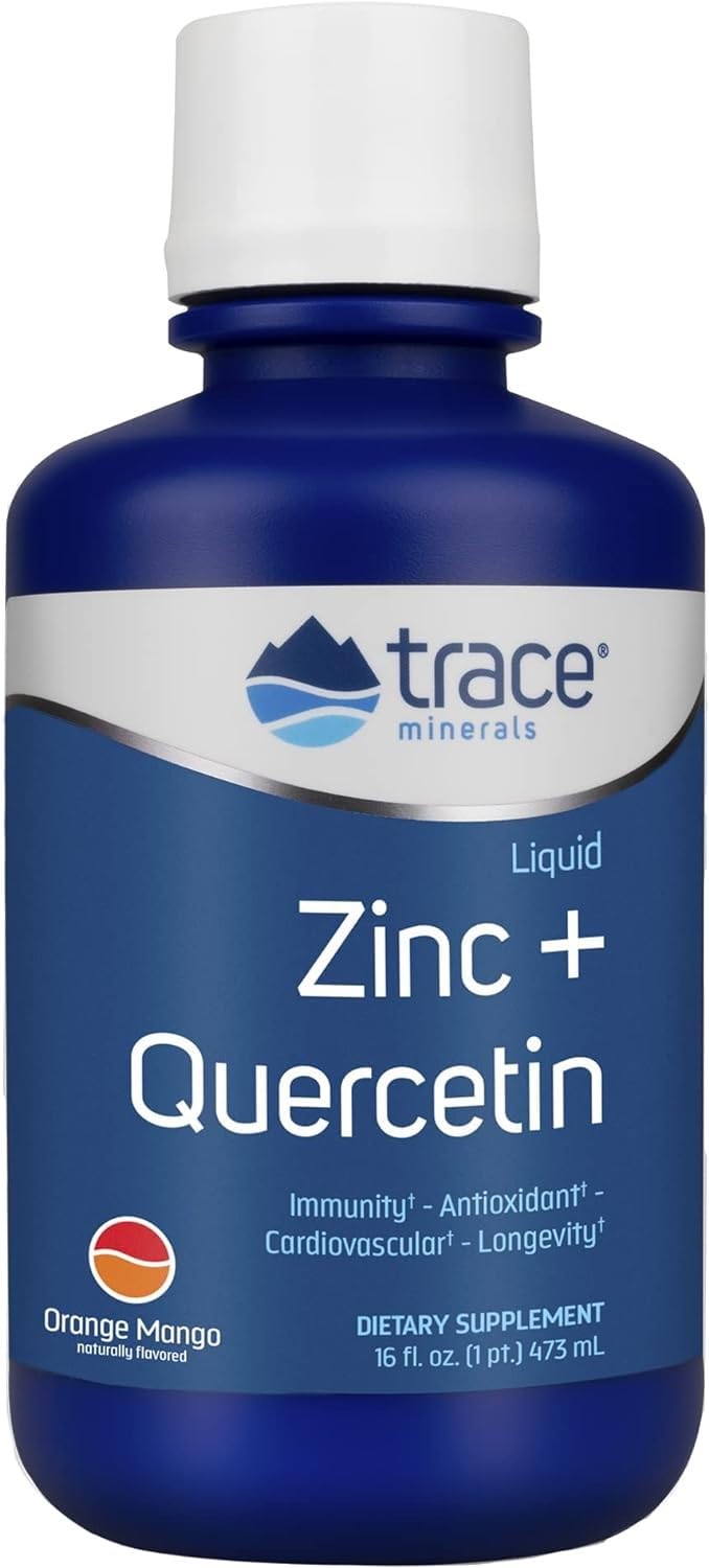 Trace Minerals Liquid Zinc Plus Quercetin bottle shows orange mango flavor for immune support.