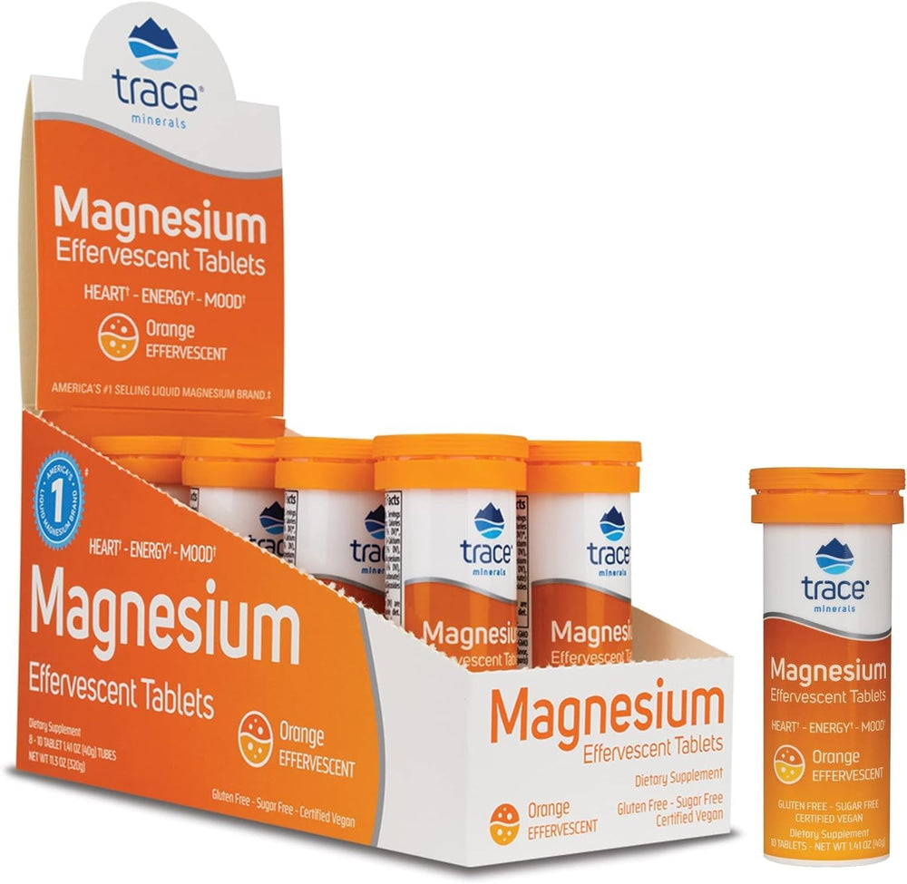 Trace Minerals magnesium effervescent tablet dissolving in water for a refreshing daily dose.