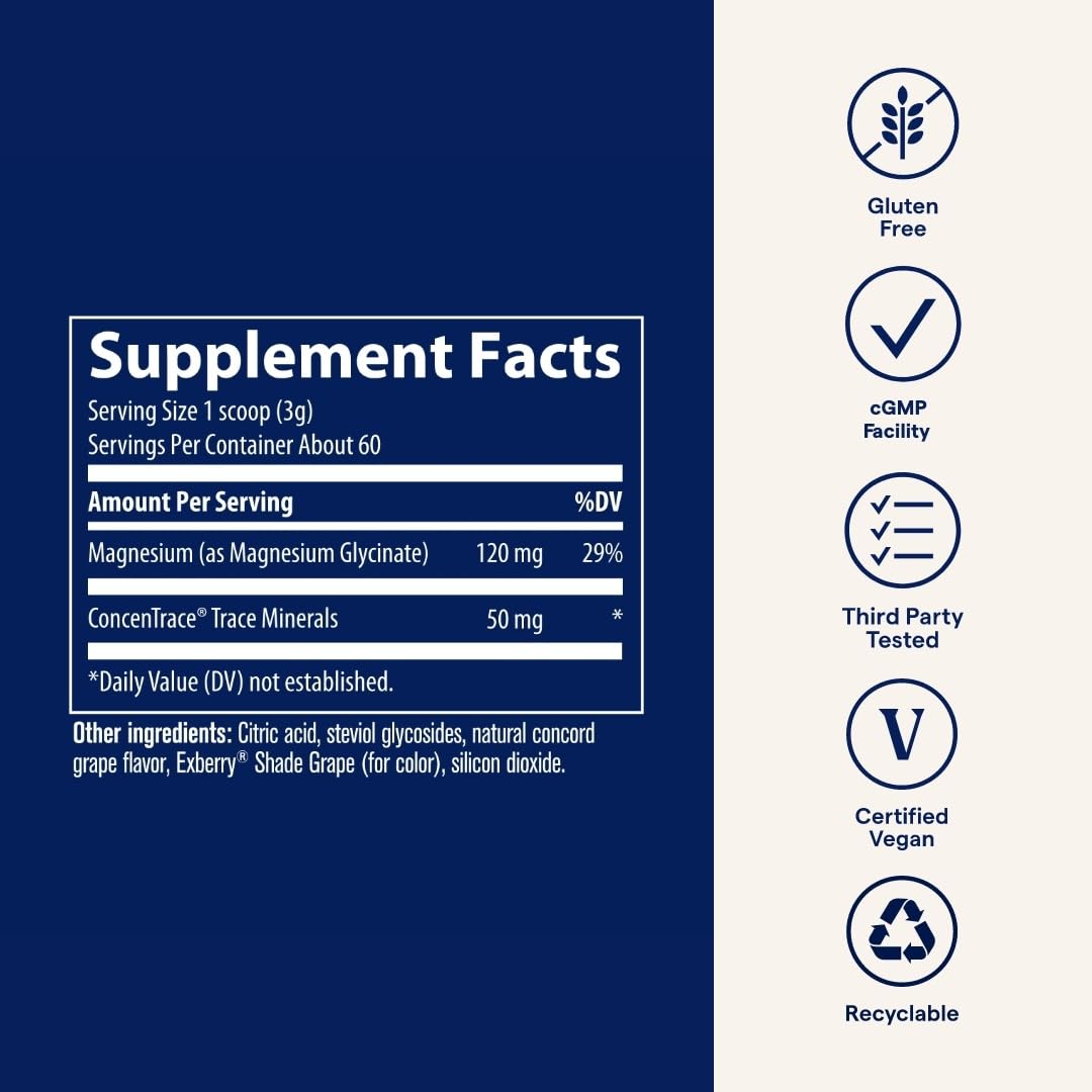 Trace Minerals magnesium glycinate blend includes 70+ ionic minerals for comprehensive daily nutrition.