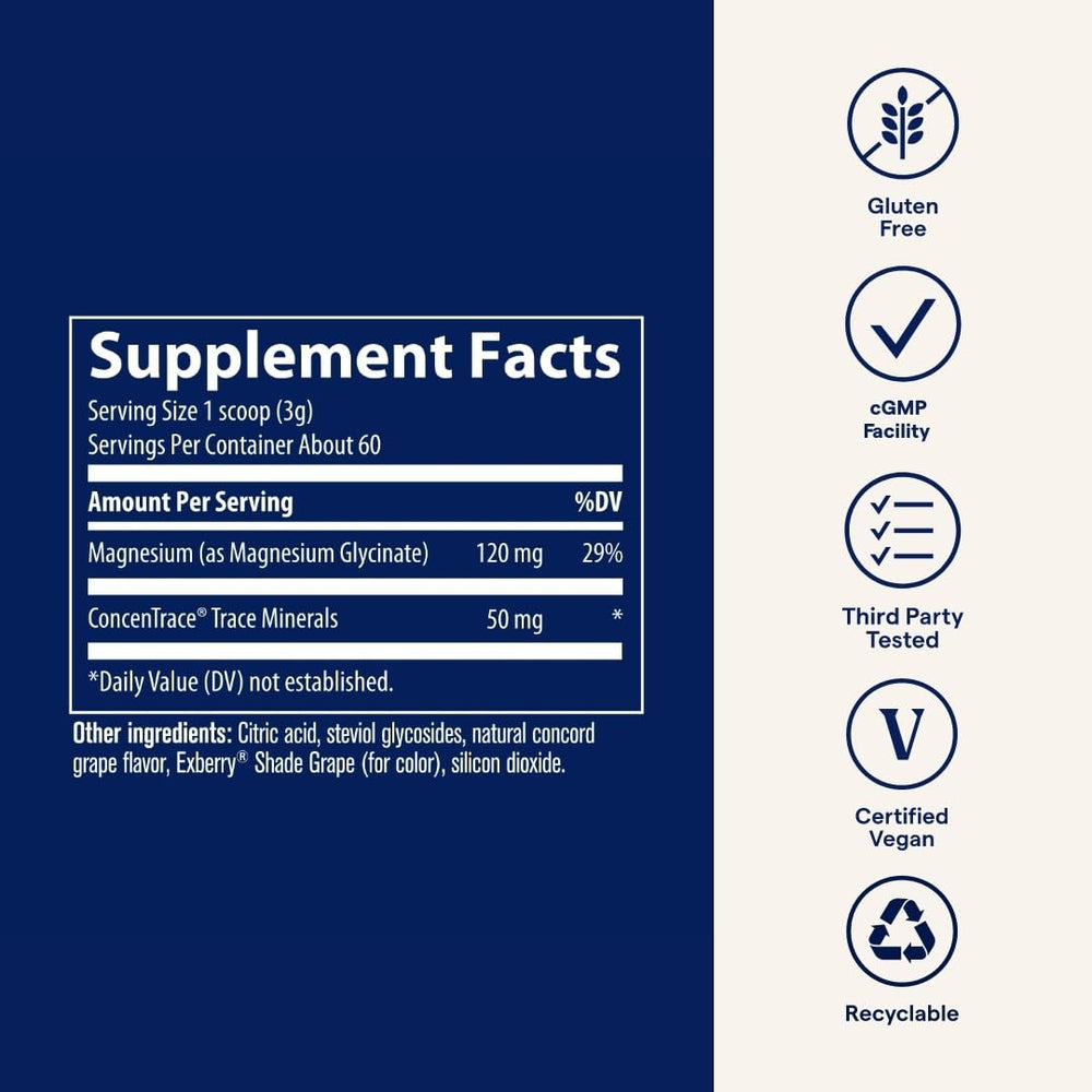 Trace Minerals magnesium glycinate blend includes 70+ ionic minerals for comprehensive daily nutrition.