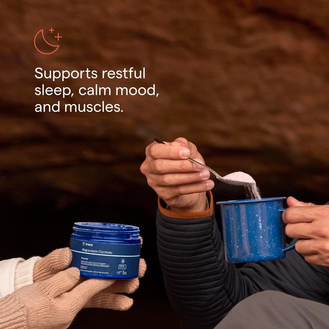 Trace Minerals Magnesium Glycinate Powder scoop demonstrates convenient nightly dosing.