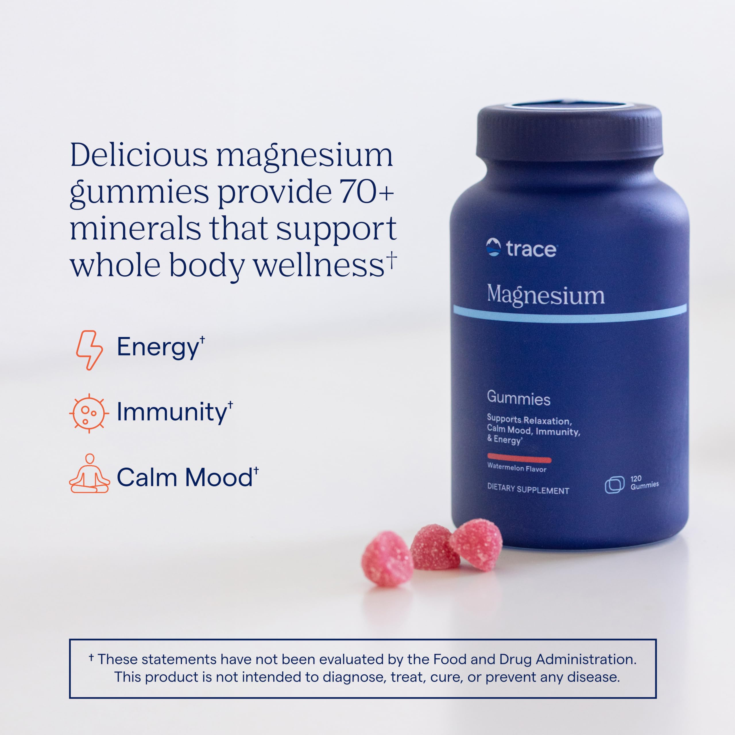 Trace Minerals Magnesium Gummies bottle back highlights daily dosage and key benefits