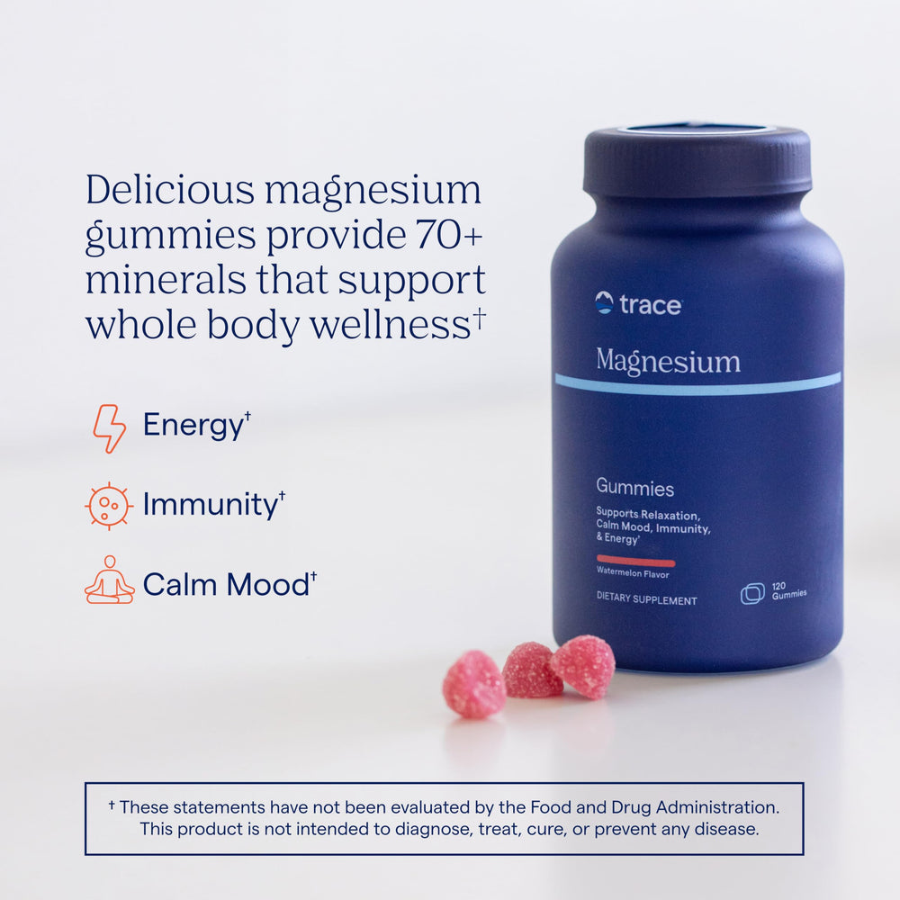 Trace Minerals Magnesium Gummies bottle back highlights daily dosage and key benefits