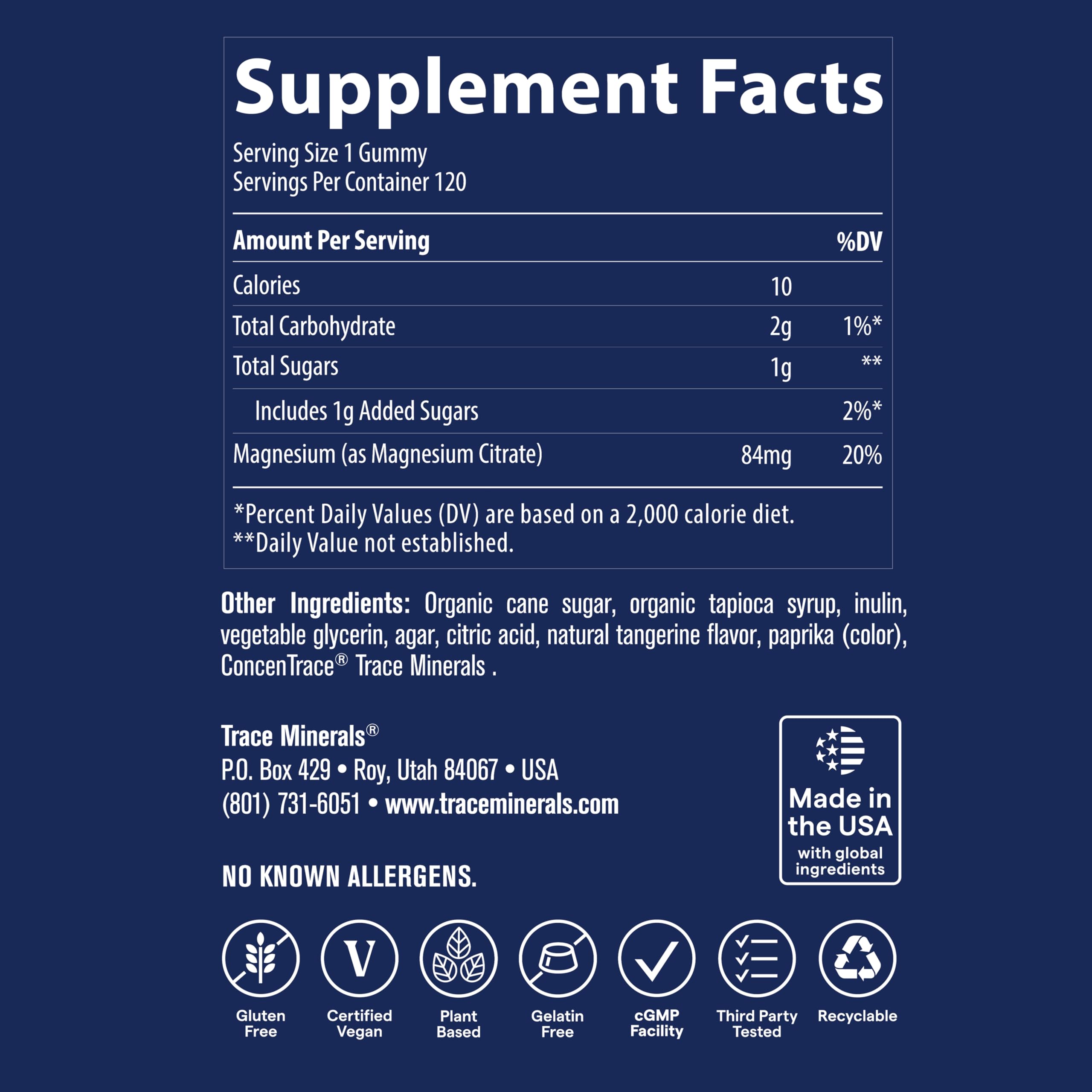 Trace Minerals Magnesium Gummies bottle with glass, suggest pairing with meals.