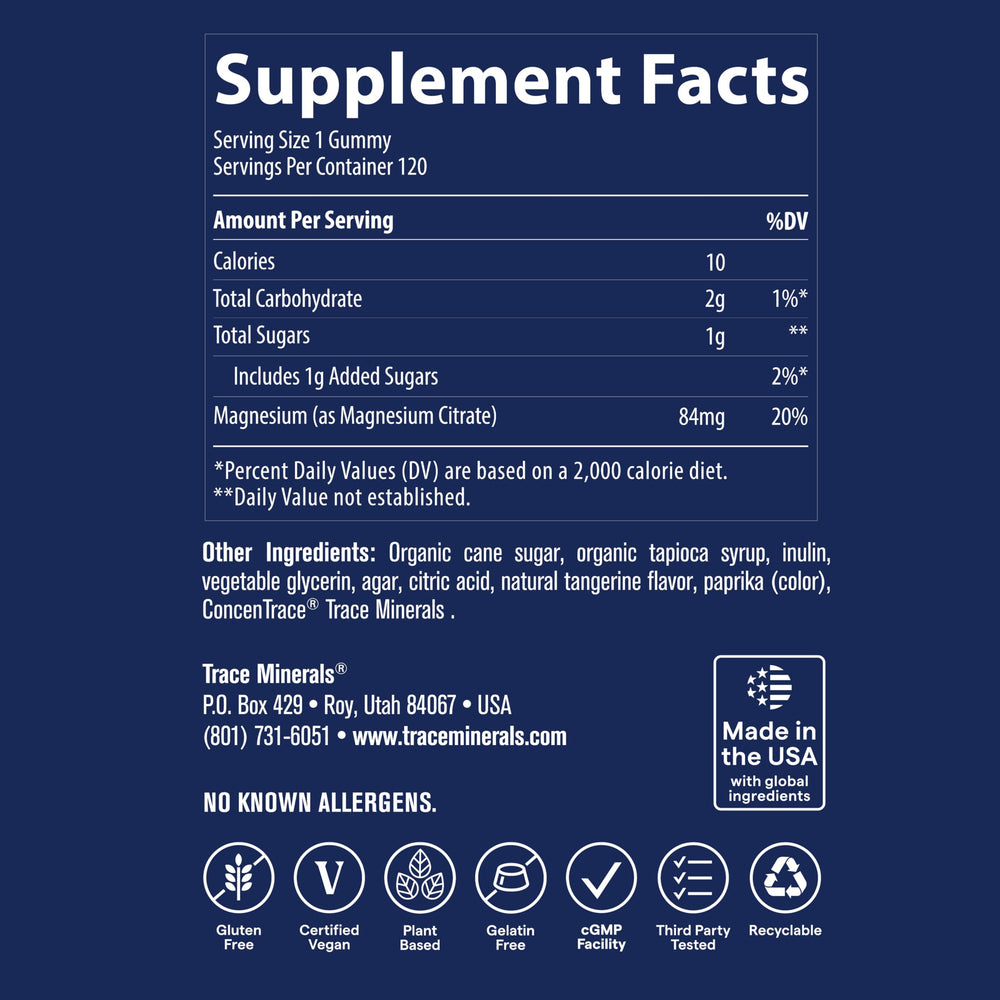 Trace Minerals Magnesium Gummies bottle with glass, suggest pairing with meals.