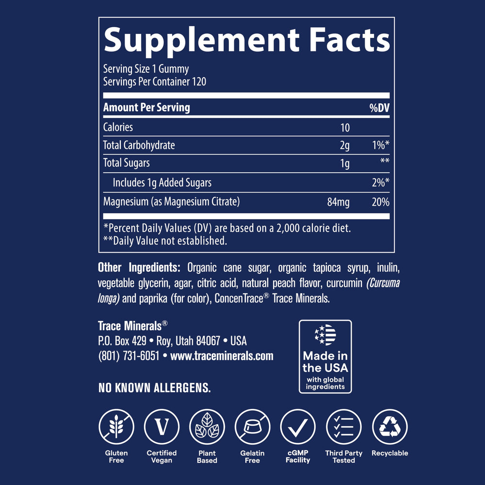 Trace Minerals Magnesium Gummies ingredients close-up with citrus flavor note