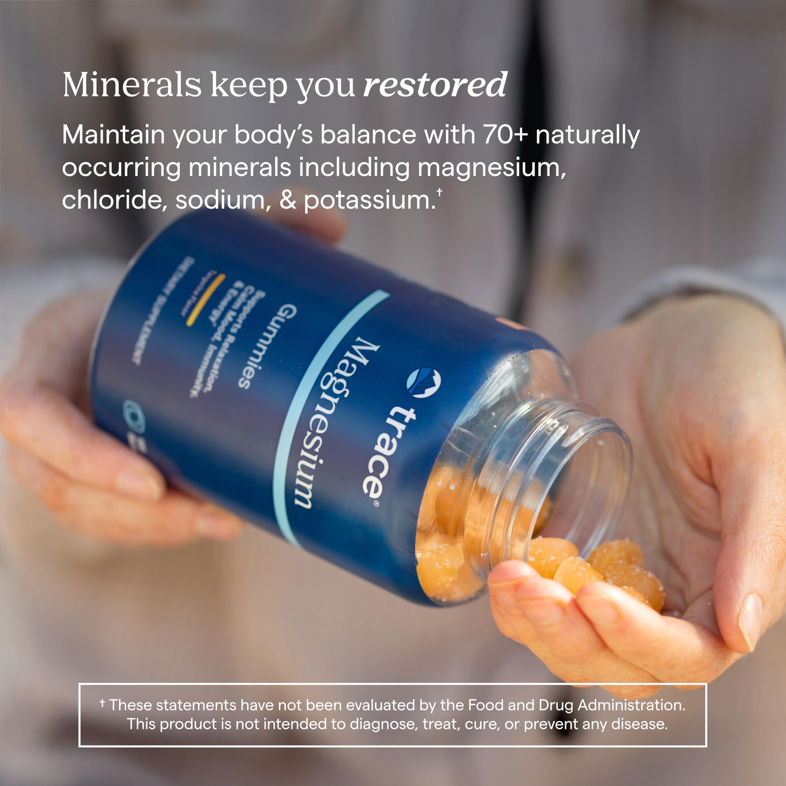 Trace Minerals Magnesium Gummies ingredients label highlights magnesium citrate and peach flavor.