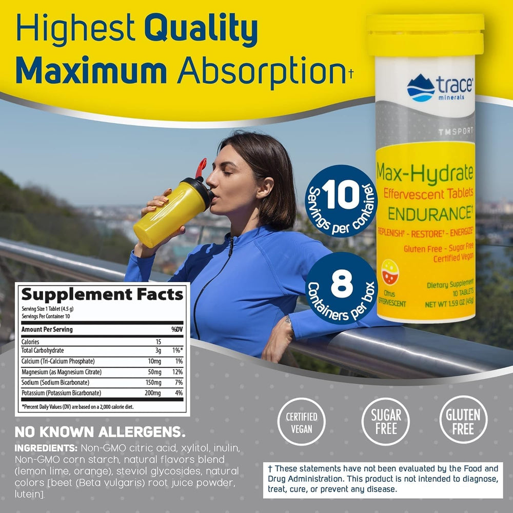 Trace Minerals Max-Hydrate Endurance bubbles in glass promote electrolyte balance.