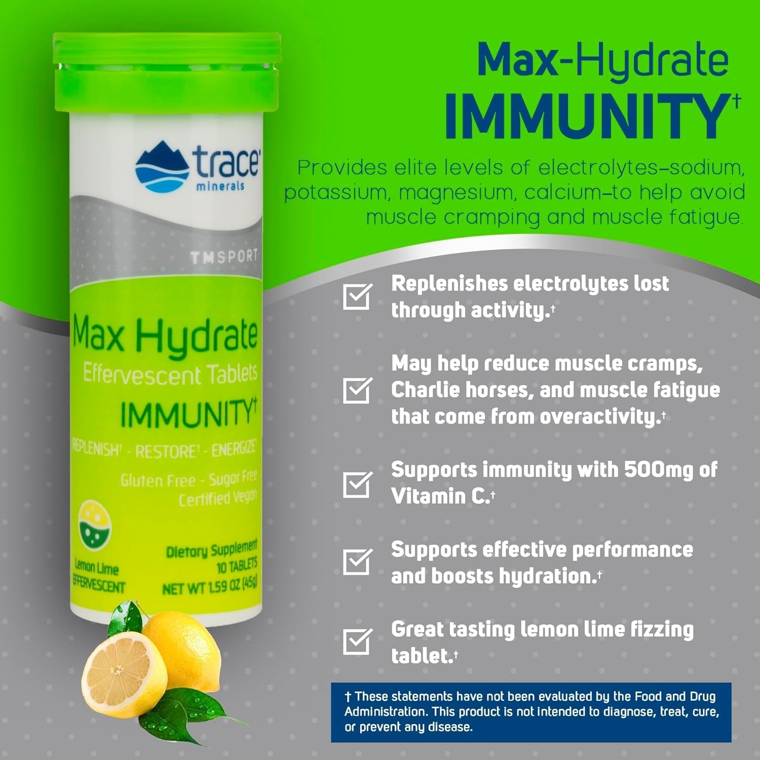 Fizzing Max-Hydrate Immunity tablet delivering electrolytes for replenishment.