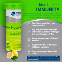 Fizzing Max-Hydrate Immunity tablet delivering electrolytes for replenishment.