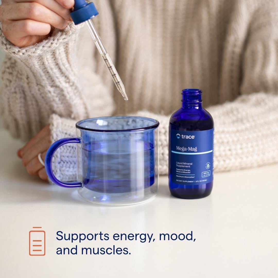 Trace Minerals Mega-Mag drops close-up, showcasing seawater-derived minerals for bone and nerve health support.