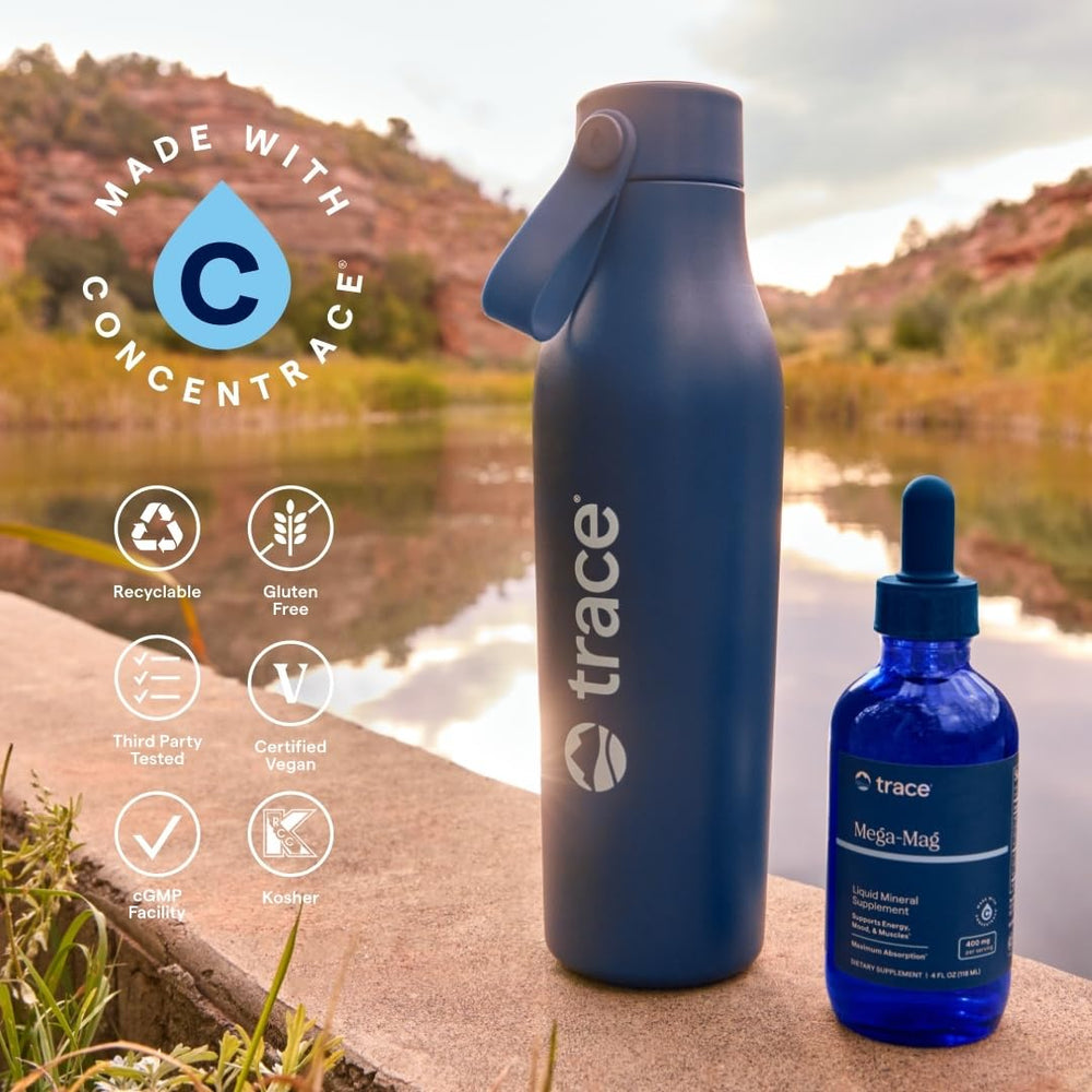 Trace Minerals Mega-Mag packaging highlighting vegan and non-GMO formulation.