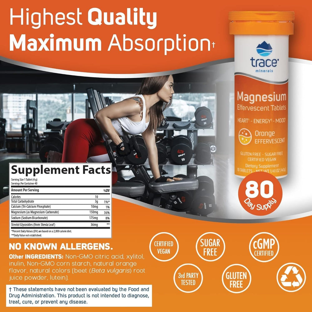 Trace Minerals magnesium effervescent orange drink in glass for a flavorful hydration moment.