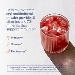 Trace Minerals Power Pak acai berry packet in glass ready to dissolve for hydration.