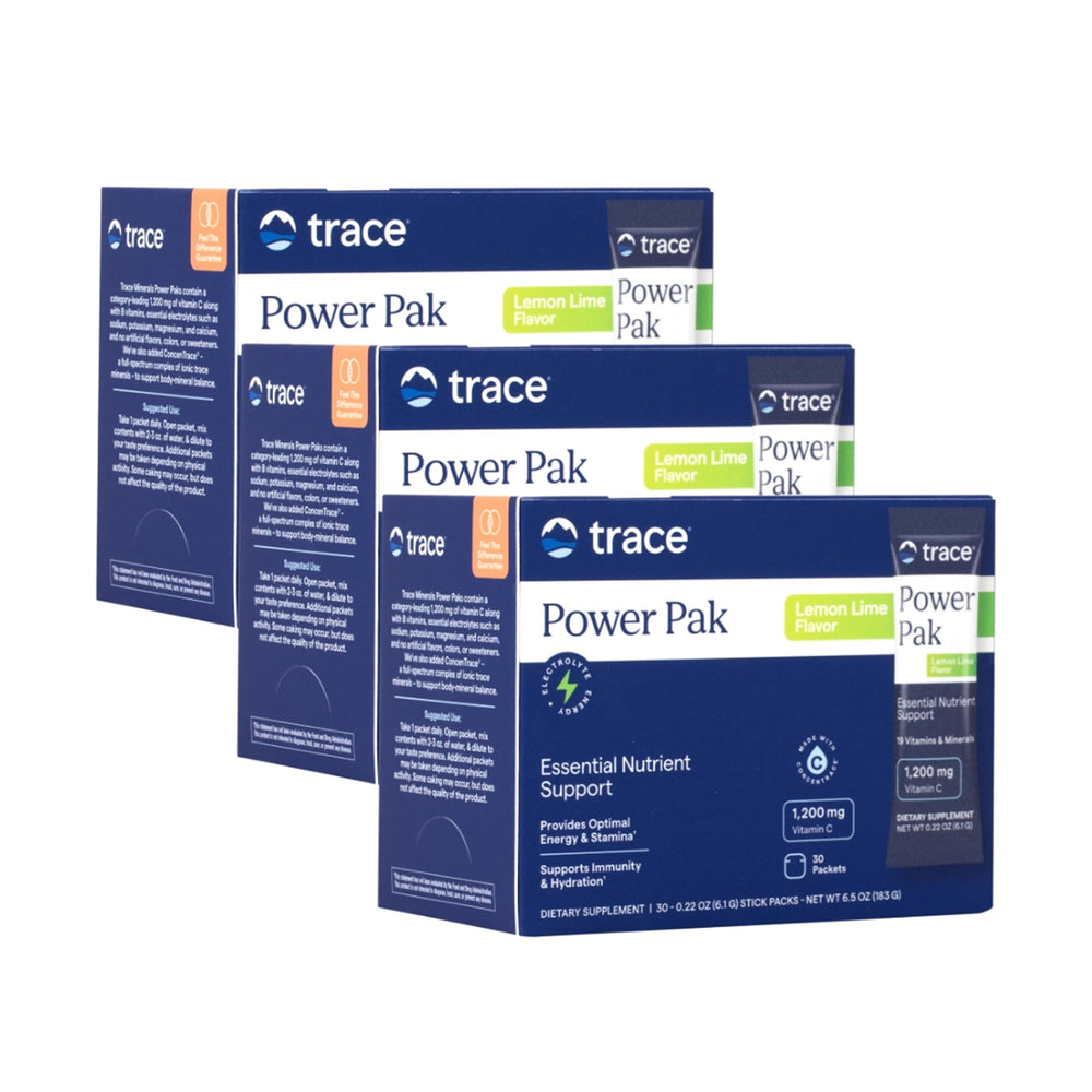 Trace Minerals Power Pak canister label highlights lemon lime flavor and daily mineral support.