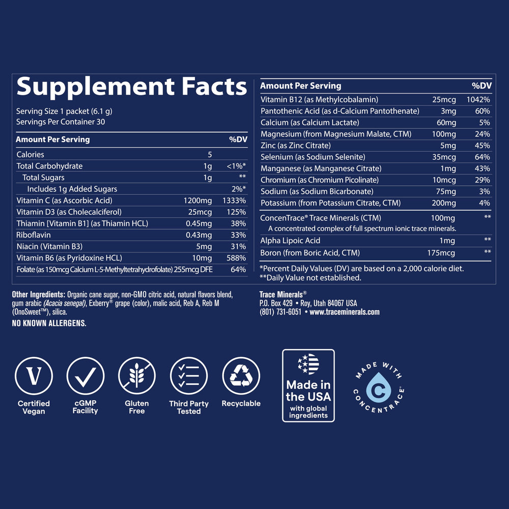 Trace Minerals Power Pak canister on kitchen counter with fruit.