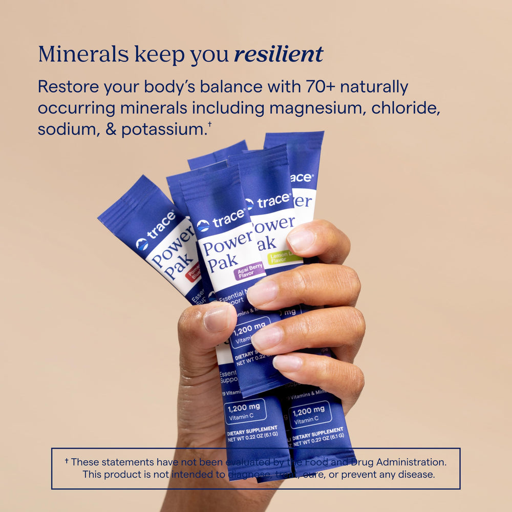 Trace Minerals Power Pak ingredients panel highlighting minerals and vitamin C for daily intake.