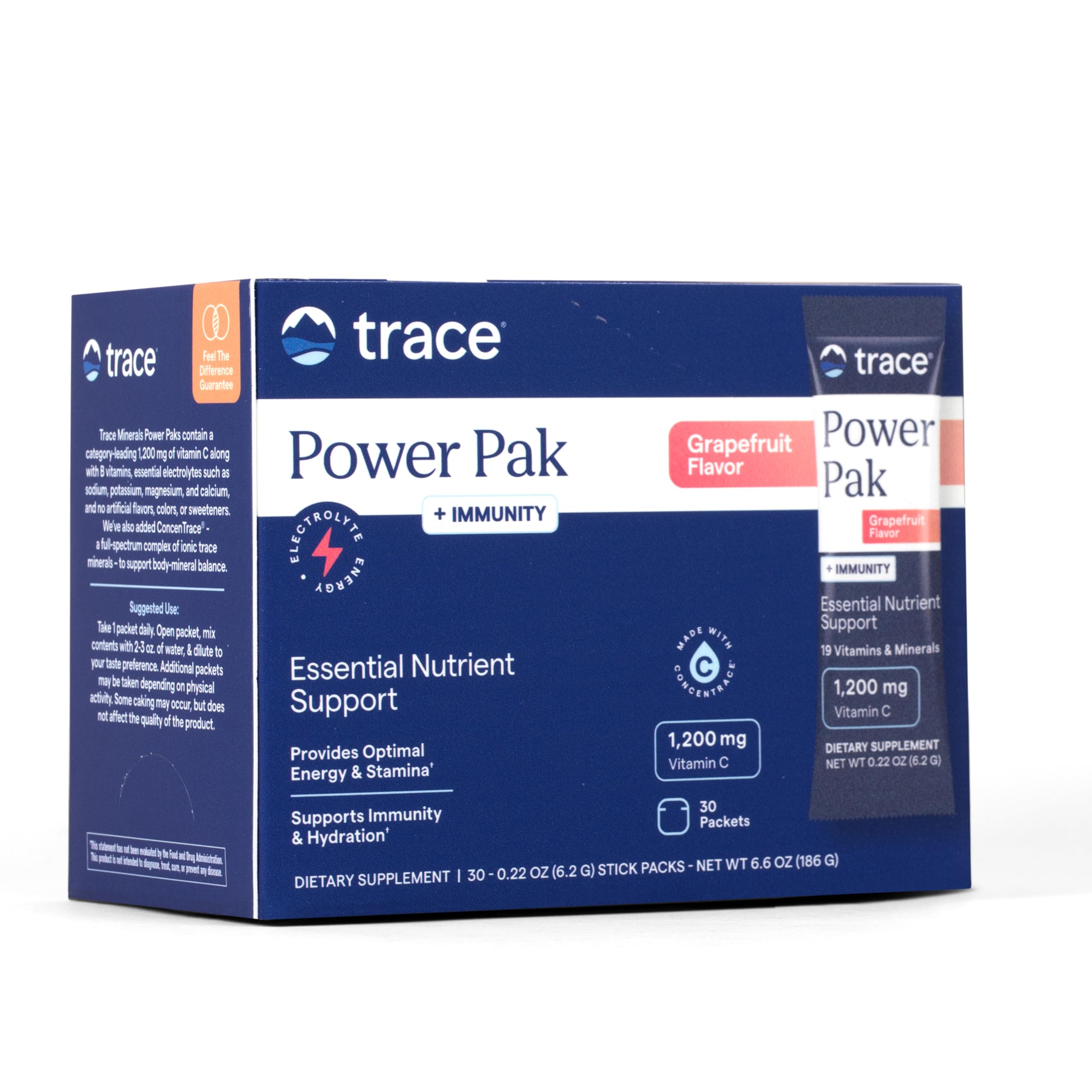 Trace Minerals Power Pak grapefruit flavor packets front view for convenient daily vitamin and mineral support