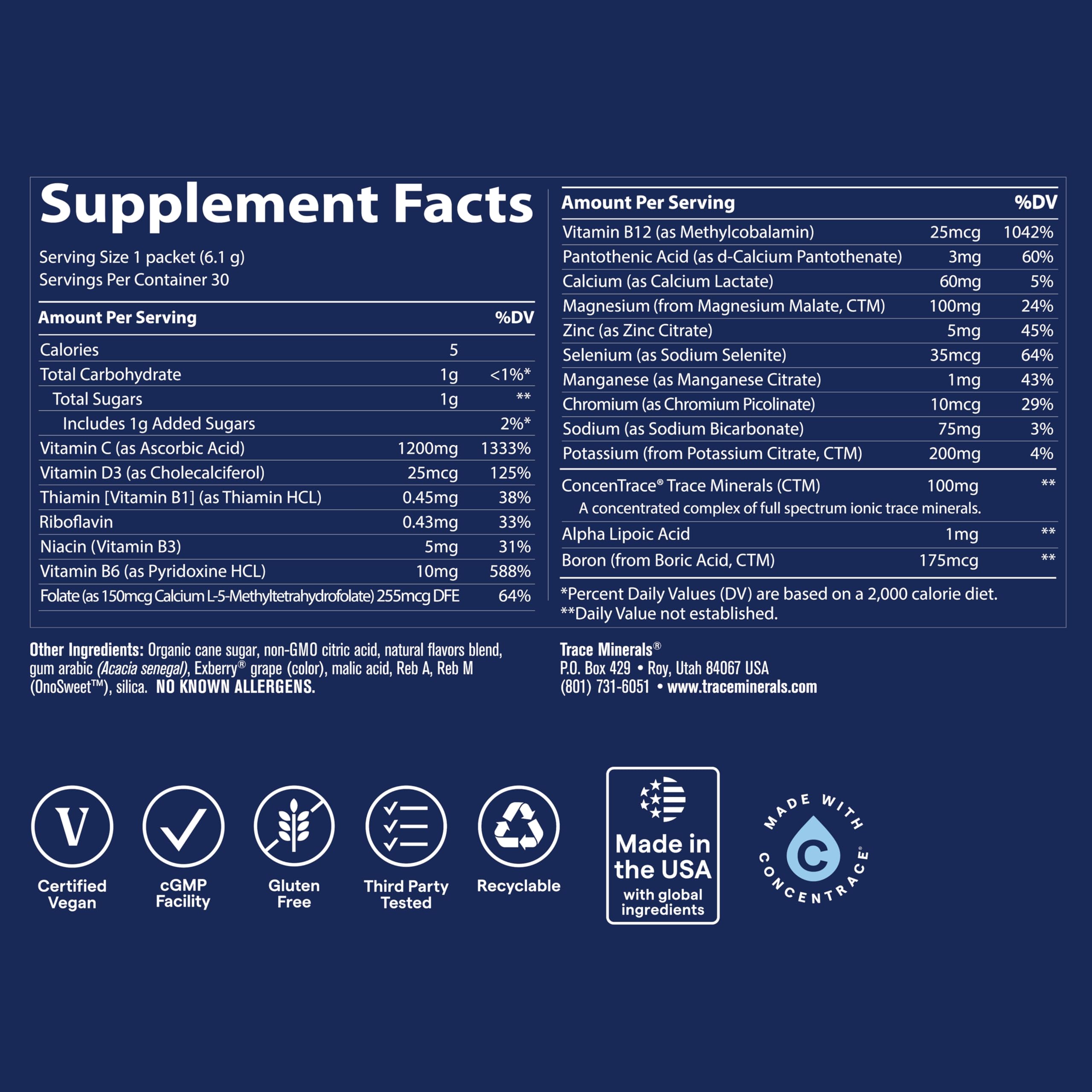 Trace Minerals Power Pak label highlights ingredients and mineral content.