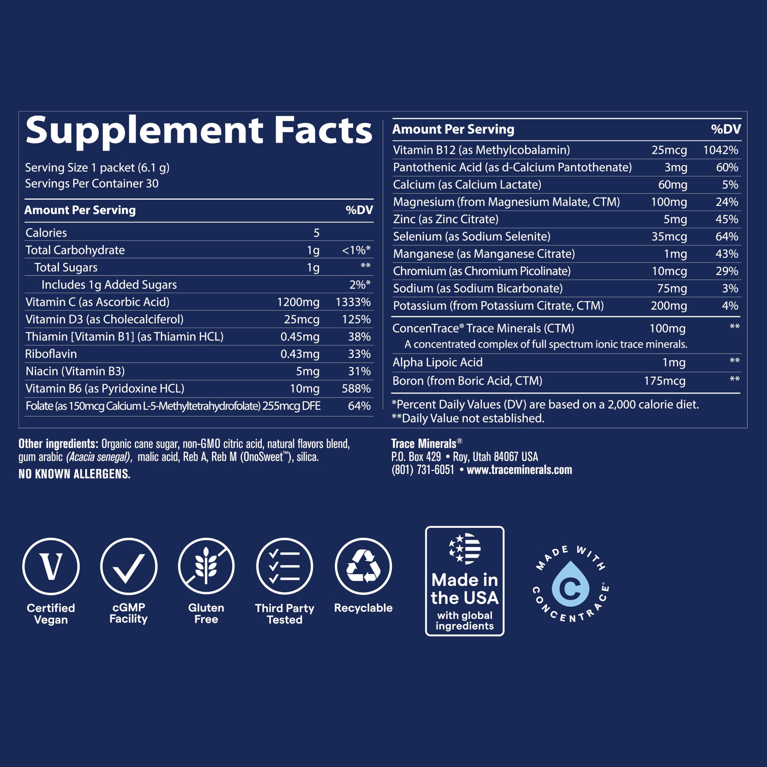 Trace Minerals Power Pak nutrition label with 70+ minerals