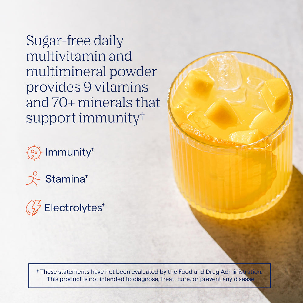 Trace Minerals Power Pak orange mango canister provides a full mineral spectrum for daily vitality.