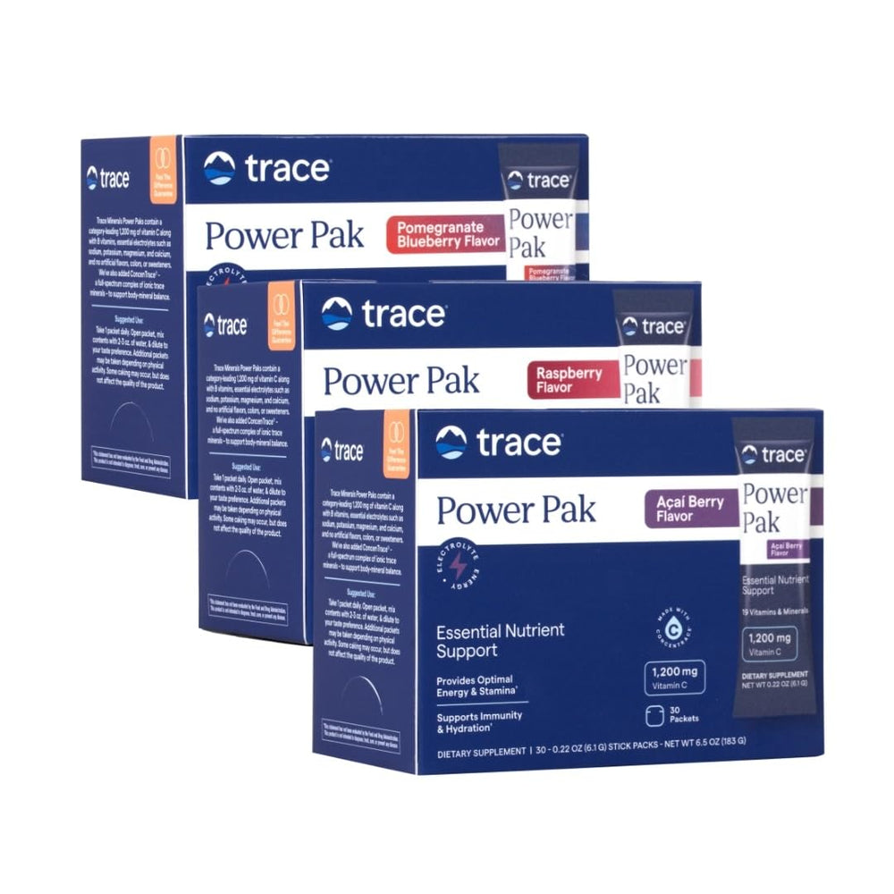 Trace Minerals Power Pak packets raspberry flavor for convenient daily mineral support.