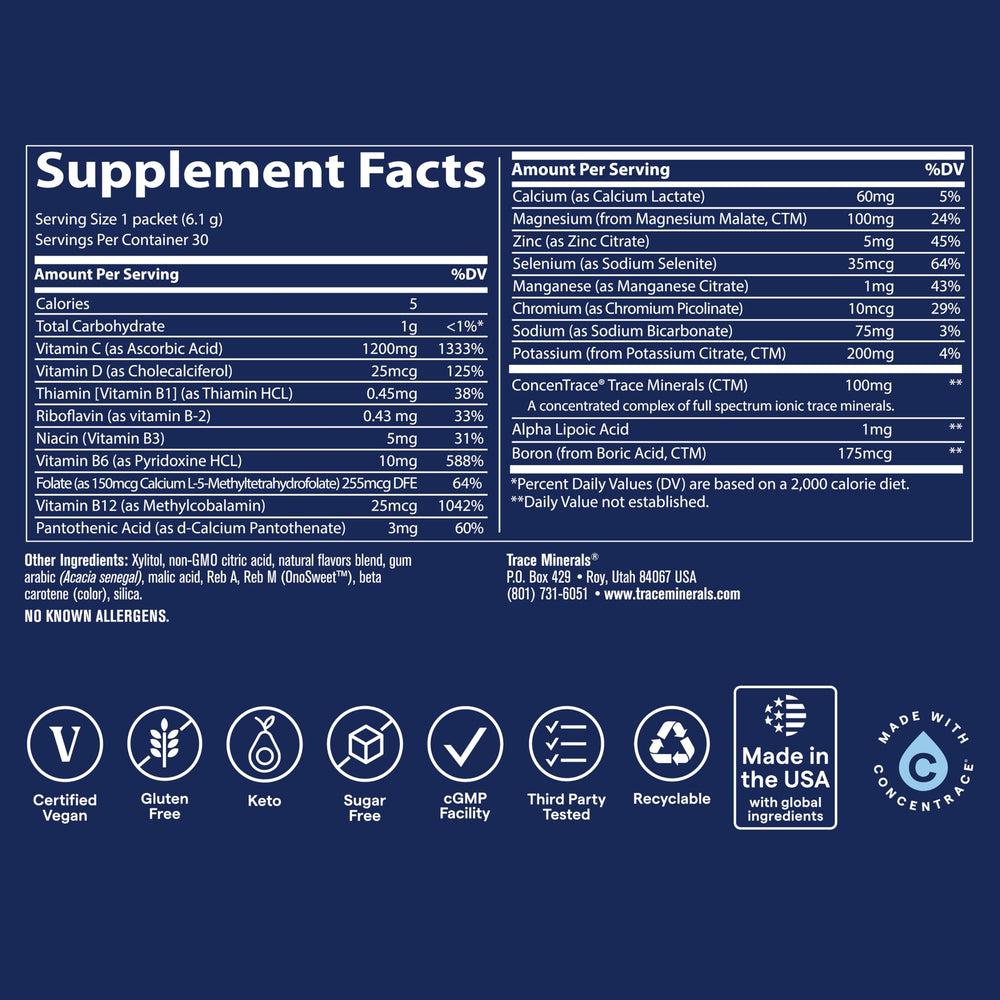 Trace Minerals Power Pak scoop rests beside a shake bottle for on-the-go use