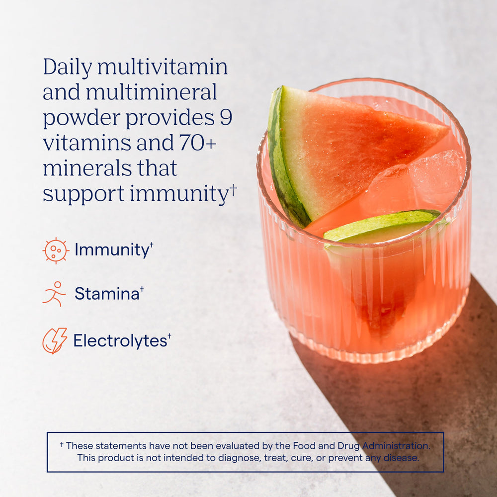 Trace Minerals Power Pak watermelon powder in a glass ready to refresh hydration