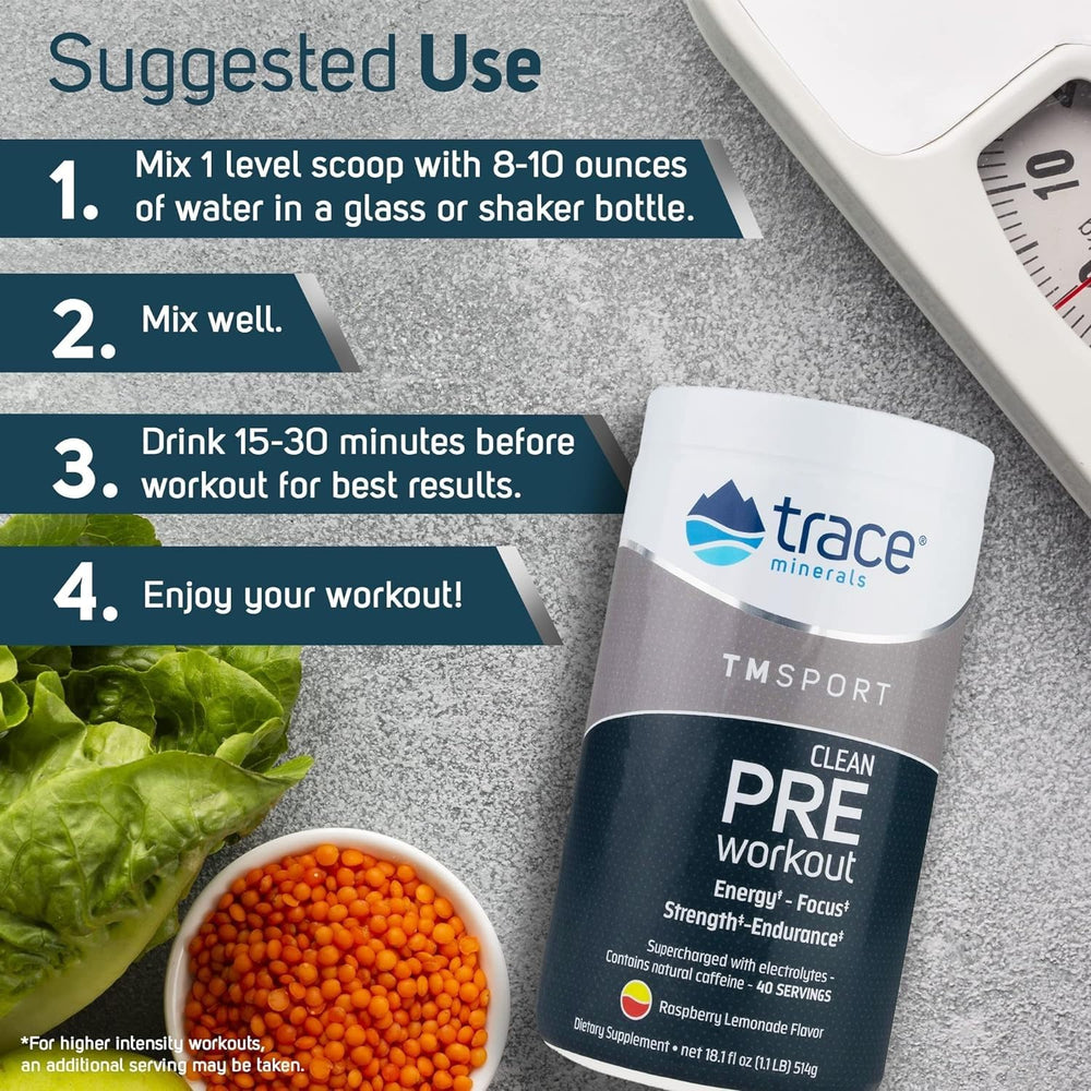 Trace Minerals Pre-Workout jar and tub on shelf for convenient access.