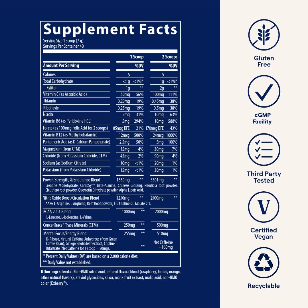 Trace Minerals Pre-Workout measuring scoop ensures precise dosing before training.