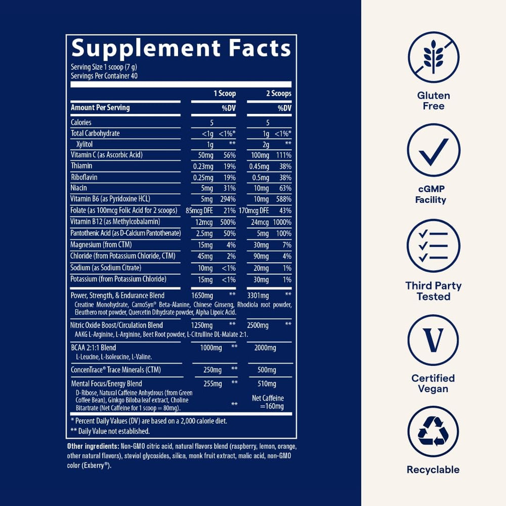 Trace Minerals Pre-Workout measuring scoop ensures precise dosing before training.