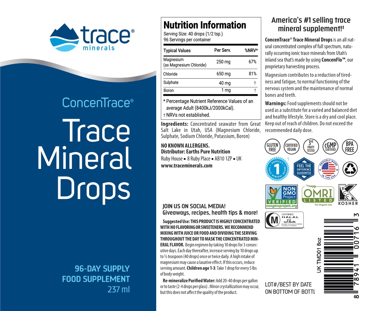 Trace Minerals Concentrace drops dispense over water, illustrating easy integration into daily hydration routines.