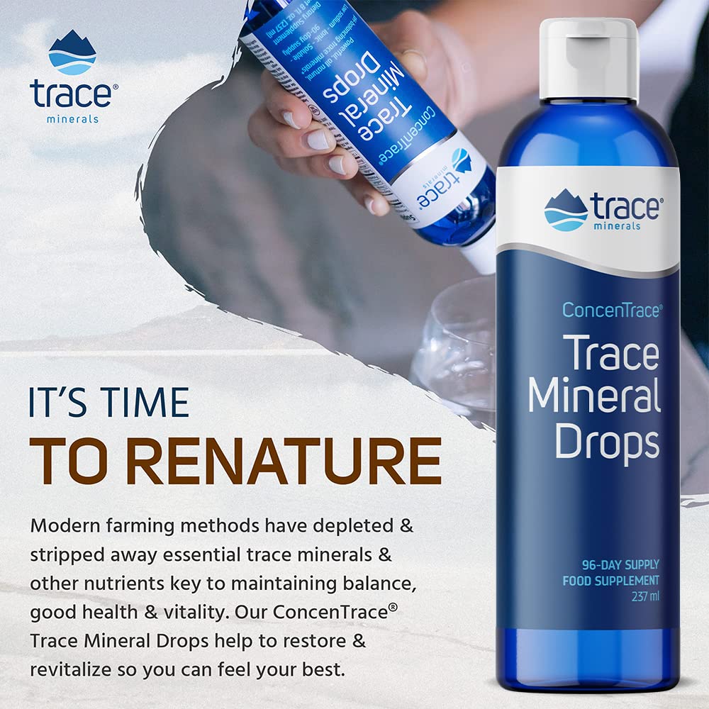 Trace Minerals Concentrace bottle and packaging on shelf highlight convenient sodium-removed mineral concentrate.