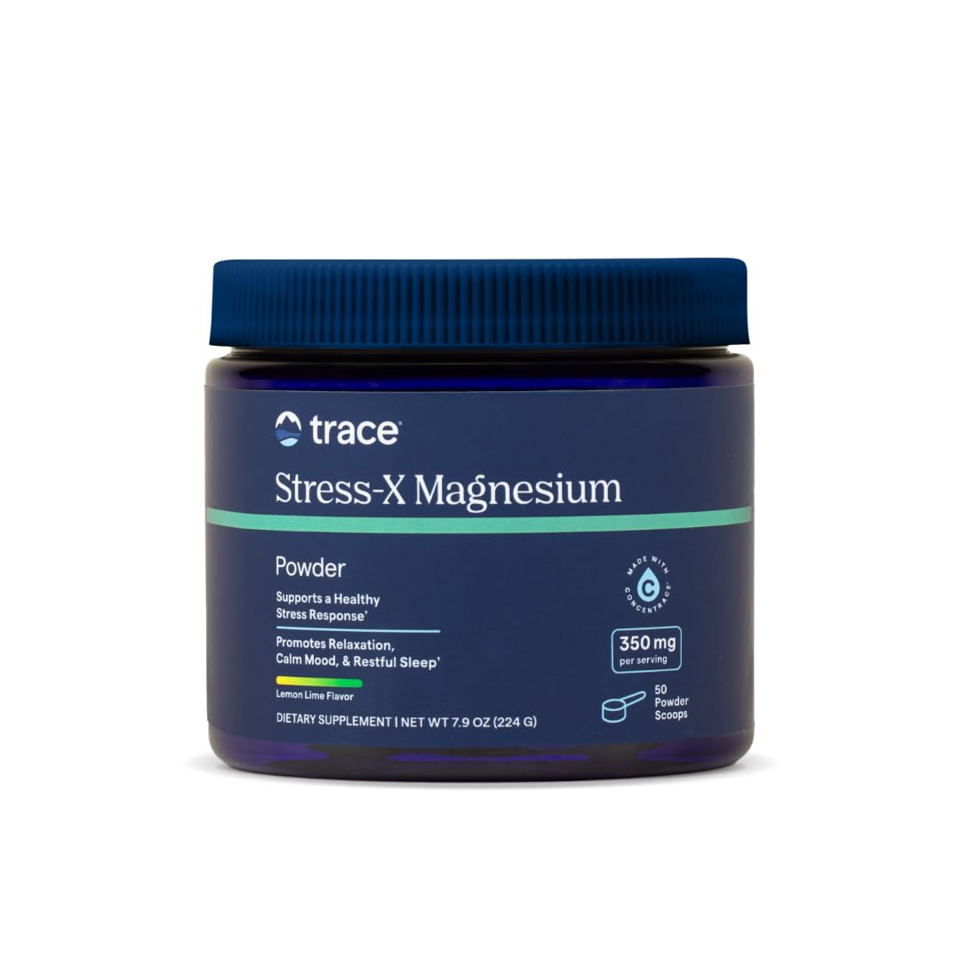 Trace Minerals Stress-X magnesium powder bottle, lemon-lime flavor, for daily support.