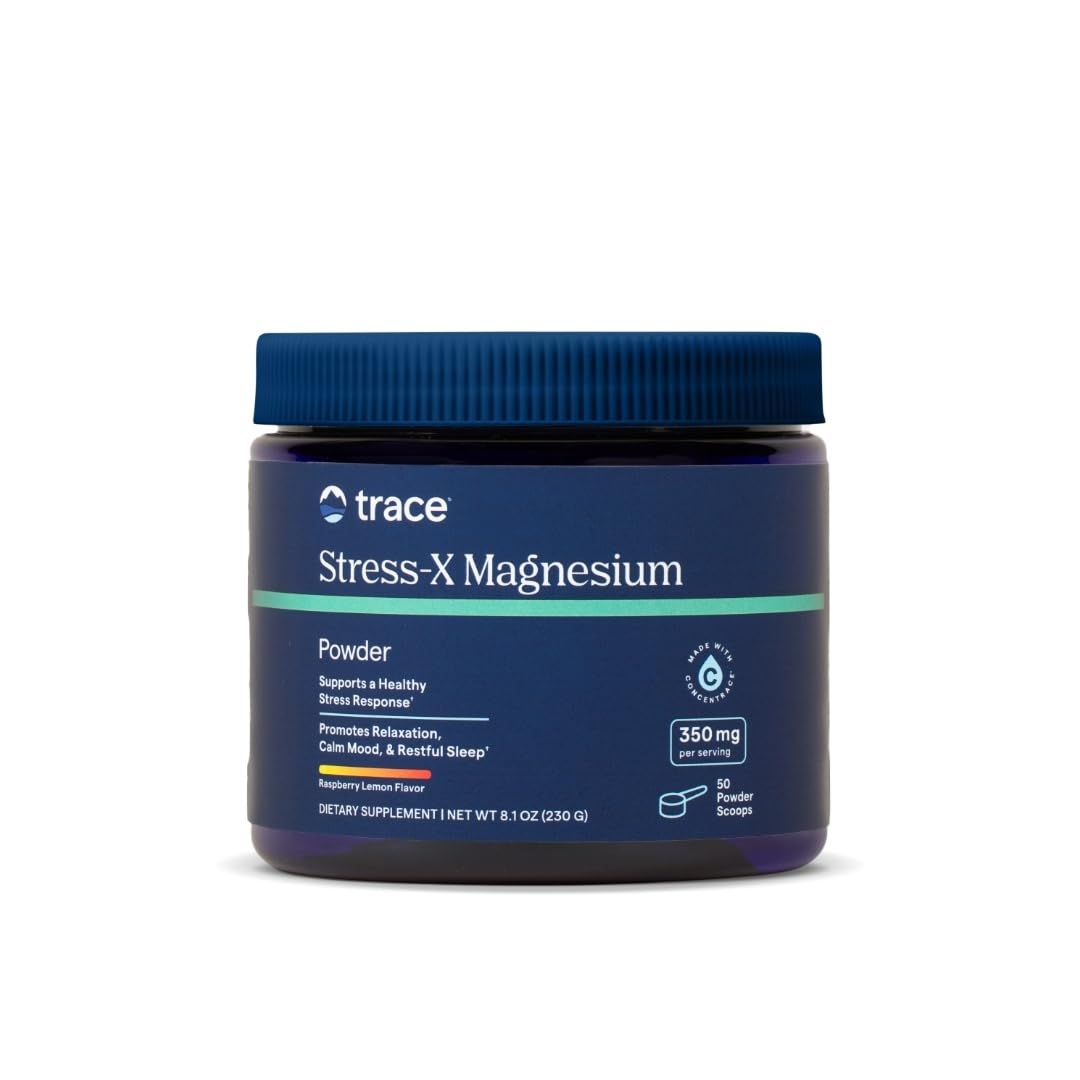Trace Minerals Stress-X Magnesium powder in its tub, highlighting raspberry lemon flavor for daily relaxation.