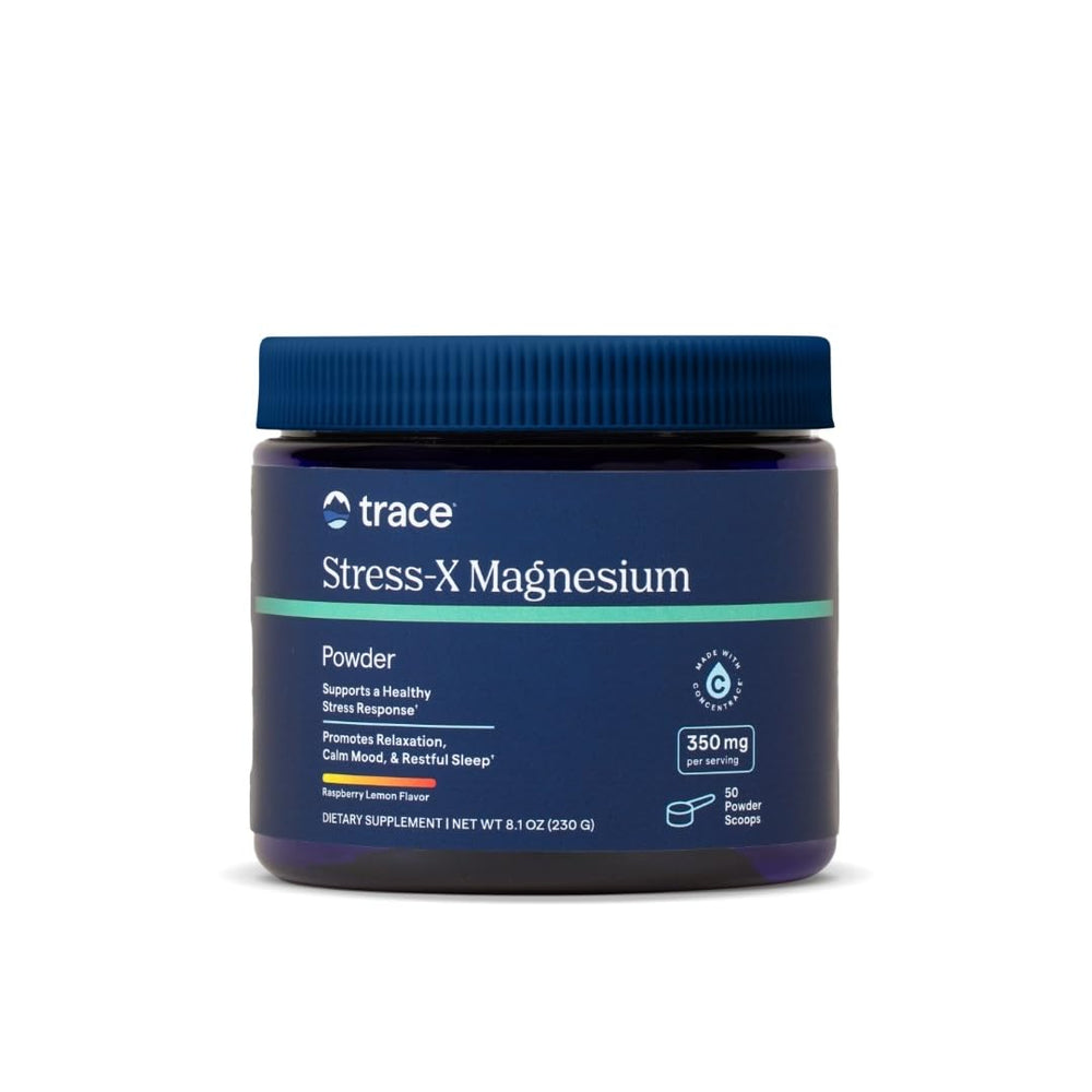 Trace Minerals Stress-X Magnesium powder in its tub, highlighting raspberry lemon flavor for daily relaxation.