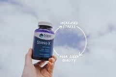 Trace Minerals Stress-X tablets closeup highlights magnesium for restful sleep.