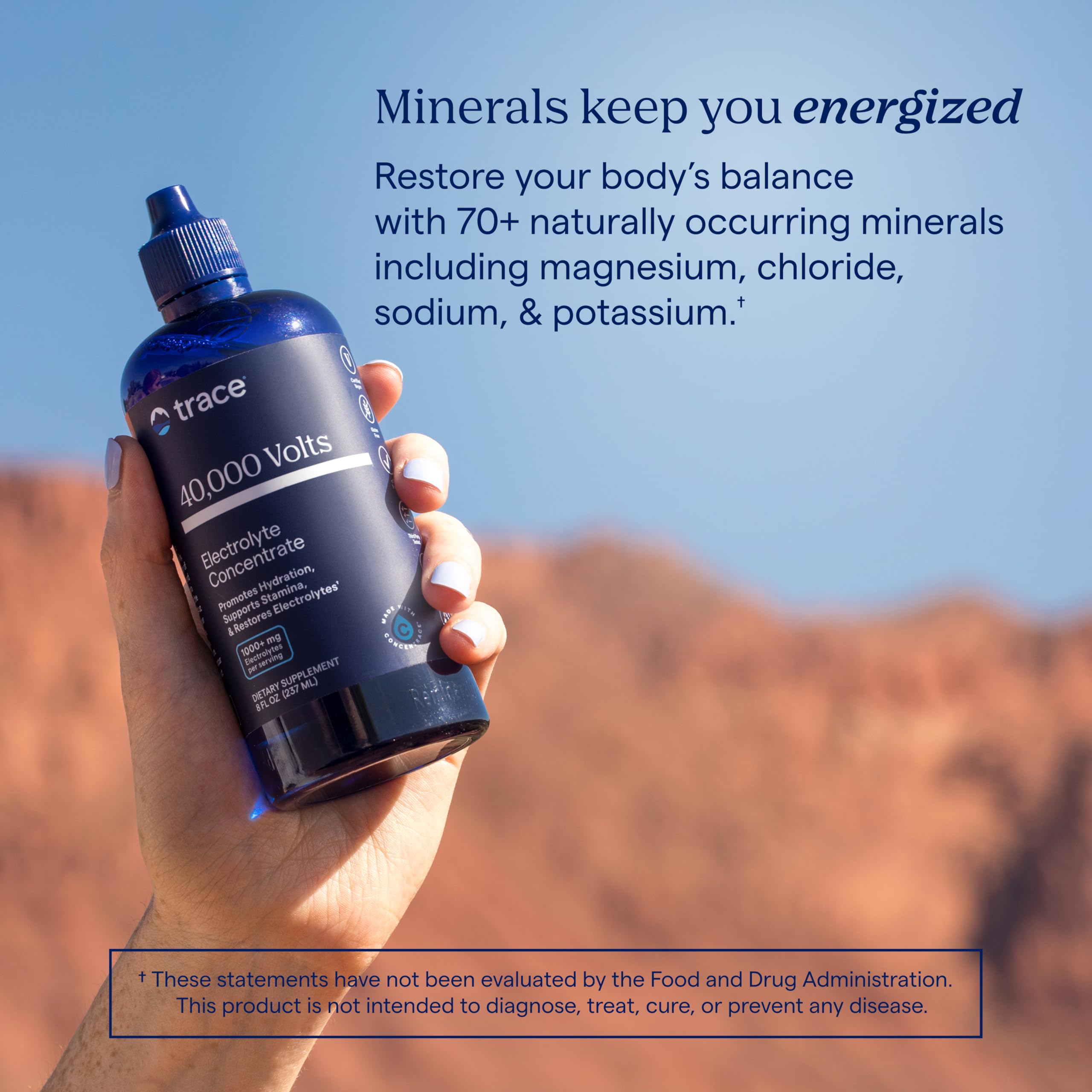 Trace Minerals sustainably harvested label underscoring nature made minerals from a single source.