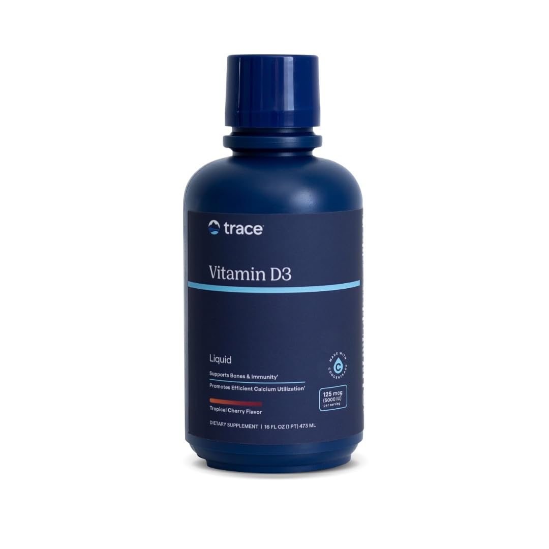 Trace Minerals Vitamin D3 bottle on counter supporting bone health as part of daily routine.