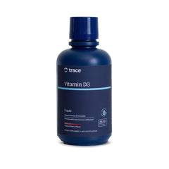 Trace Minerals Vitamin D3 bottle on counter supporting bone health as part of daily routine.