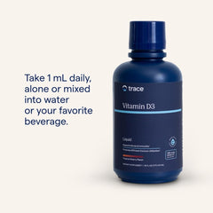 Trace Minerals Vitamin D3 liquid poured into glass for quick absorption.