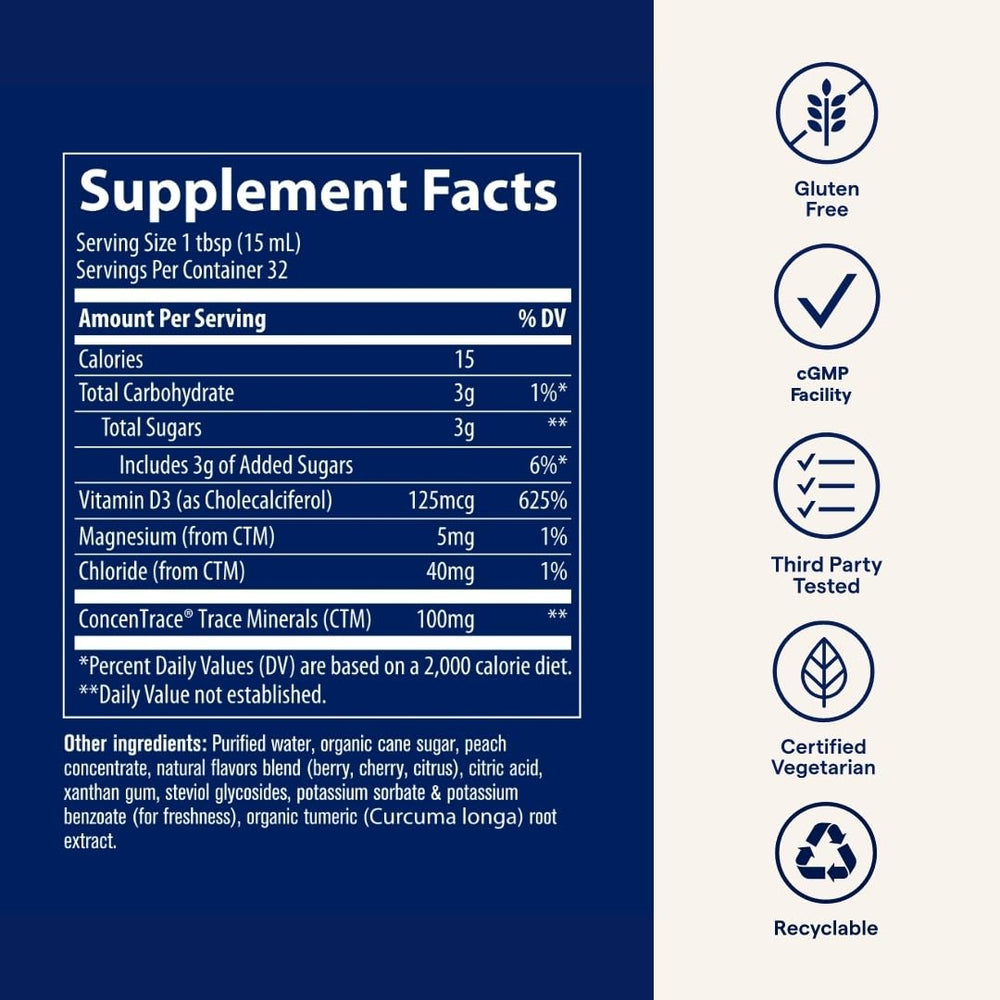 Trace Minerals Vitamin D3 tropical cherry label with vibrant flavor appeal.
