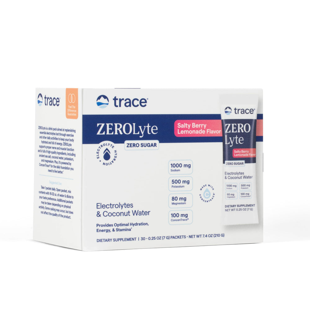 Trace Minerals ZeroLyte salty berry lemonade packet for on-the-go hydration and electrolyte balance.