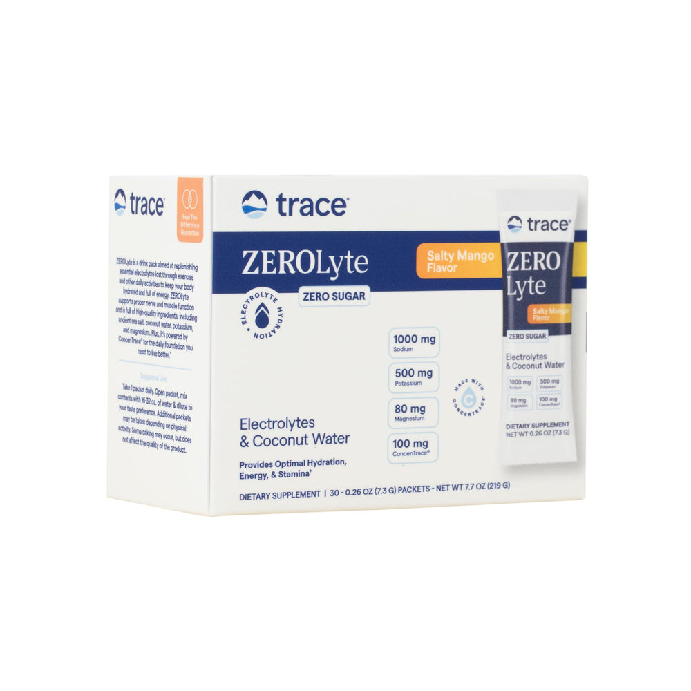 Trace Minerals ZeroLyte salty mango packet for on-the-go hydration and flavor.